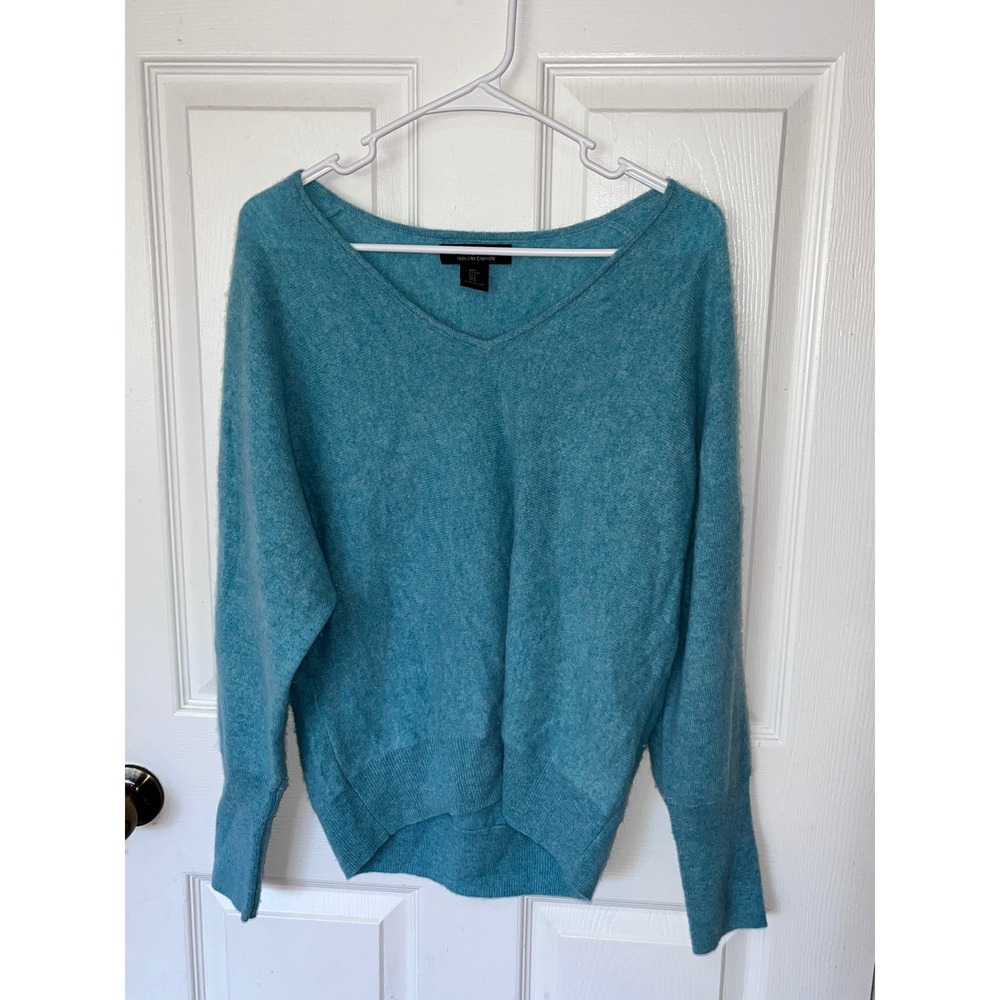 Tahari V-Neck Sweater Womens Large Turquoise Blue 100% Cashmere Dolman